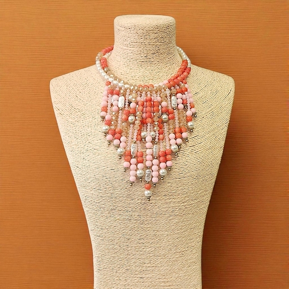 Boho Coral Pink Beaded Bib Necklace Statement Jewelry - Picture 2 of 5